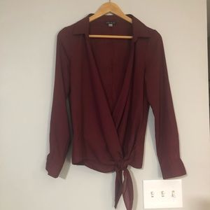 Venus Sheer Wrap Blouse Size 8 Maroon Collared Tie Front Faux Wrap